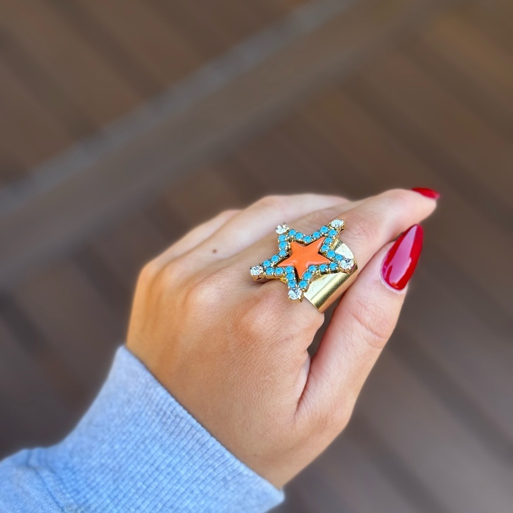 Star-Shaped Antique Gold Plated Orange and Turquoise Ring - Picture 3 of 3